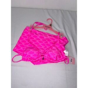 Juicy Couture Womens Neon Pink Monogram Rhinestone Bikini Set Boy Shorts Large